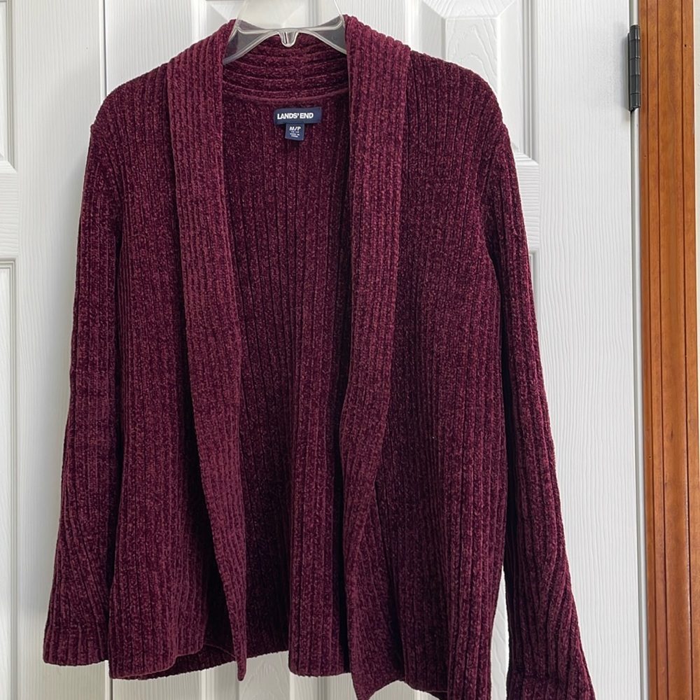 Land’s End ladies open front sweater, chunky knit, burgundy, size MP, EUC
